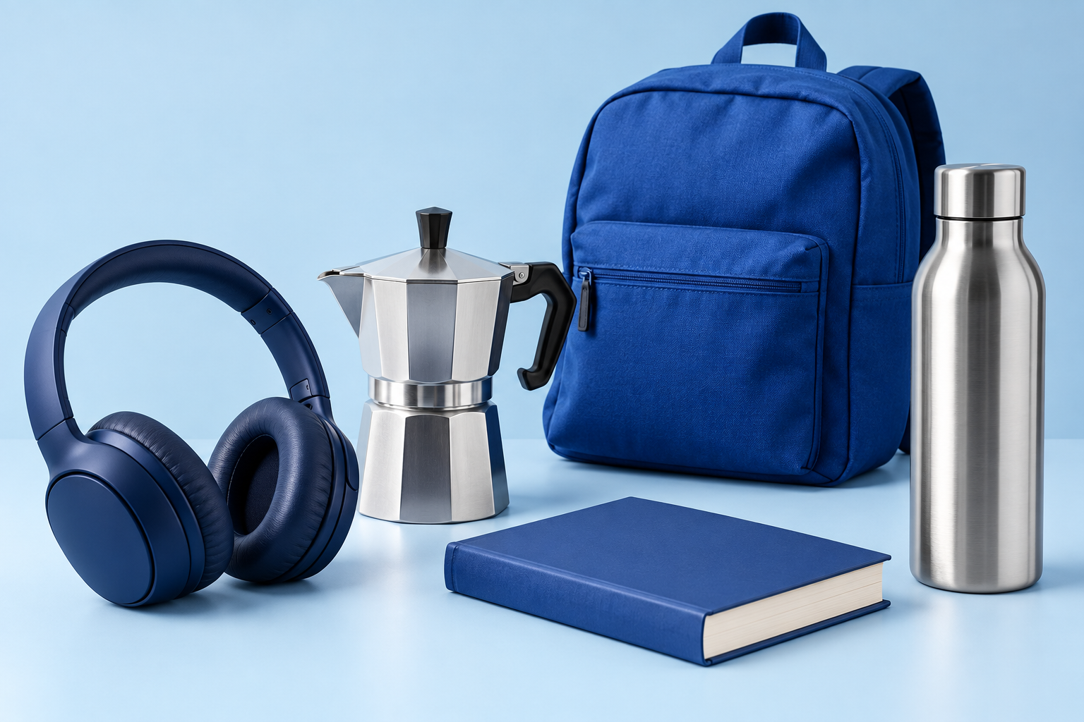 Composição ilustrativa com fones, cafeteira, mochila, livro e garrafa